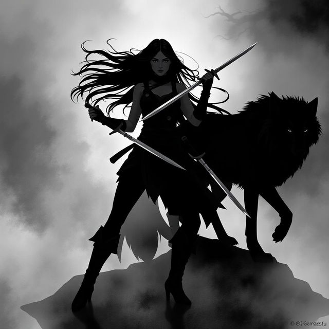 A striking silhouette artwork of a woman holding daggers, emphasizing a poised and powerful stance