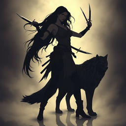 A striking silhouette artwork of a woman holding daggers, emphasizing a poised and powerful stance