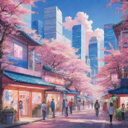 Draw a vibrant anime scene with vivid colors and expressive characters, embedded in a cityscape with futuristic buildings and sakura trees in bloom