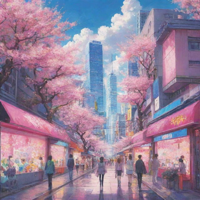 Draw a vibrant anime scene with vivid colors and expressive characters, embedded in a cityscape with futuristic buildings and sakura trees in bloom