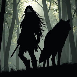 A dramatic silhouette artwork featuring a woman in a forest setting