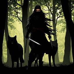 A dramatic silhouette artwork featuring a woman in a forest setting