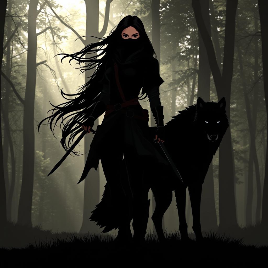 A dramatic silhouette artwork featuring a woman in a forest setting