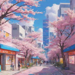 Draw a vibrant anime scene with vivid colors and expressive characters, embedded in a cityscape with futuristic buildings and sakura trees in bloom