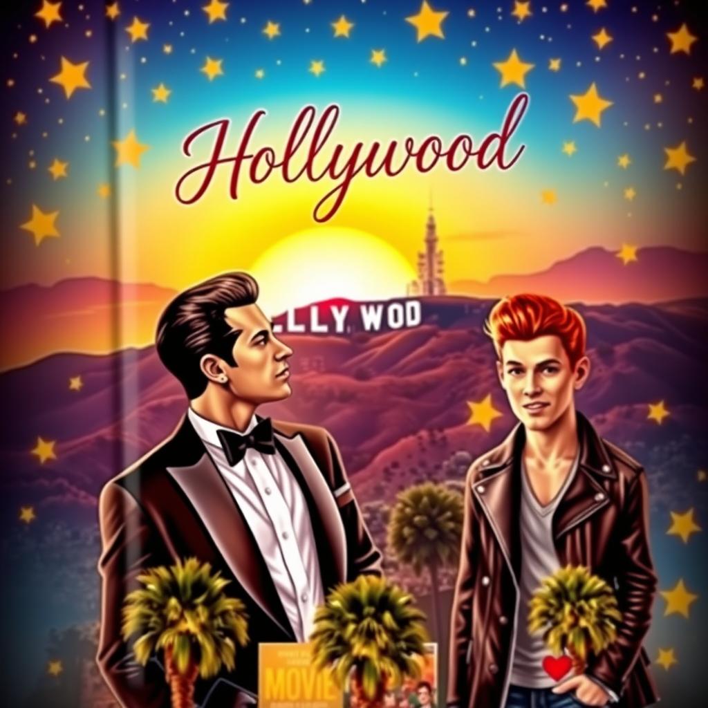 a romantic book cover featuring a couple of two men in Hollywood, with a vibrant and magical atmosphere