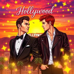 a romantic book cover featuring a couple of two men in Hollywood, with a vibrant and magical atmosphere