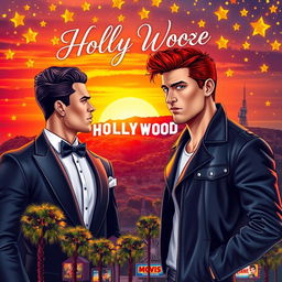 a romantic book cover featuring a couple of two men in Hollywood, with a vibrant and magical atmosphere