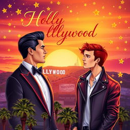 a romantic book cover featuring a couple of two men in Hollywood, with a vibrant and magical atmosphere