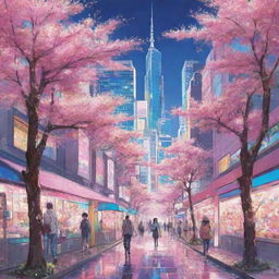 Draw a vibrant anime scene with vivid colors and expressive characters, embedded in a cityscape with futuristic buildings and sakura trees in bloom