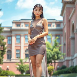 An elegant and fashionable portrayal of an Asian college girl standing confidently in a see-through dress