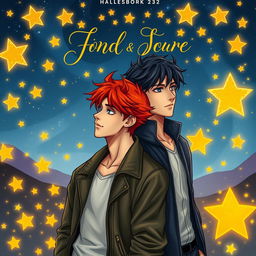 an illustrated book cover featuring a romantic couple of two men, with a focus on a red-haired character