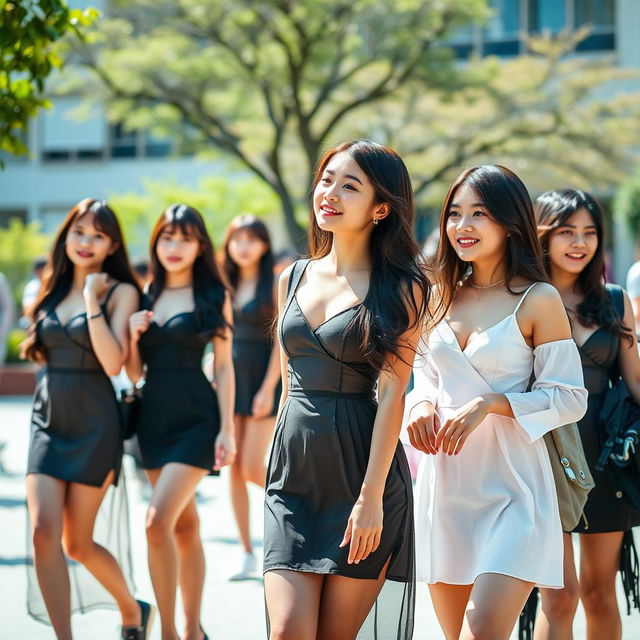 A captivating scene of Asian college girls exuding confidence and style, each wearing a sexy see-through dress that highlights their modern fashion sense