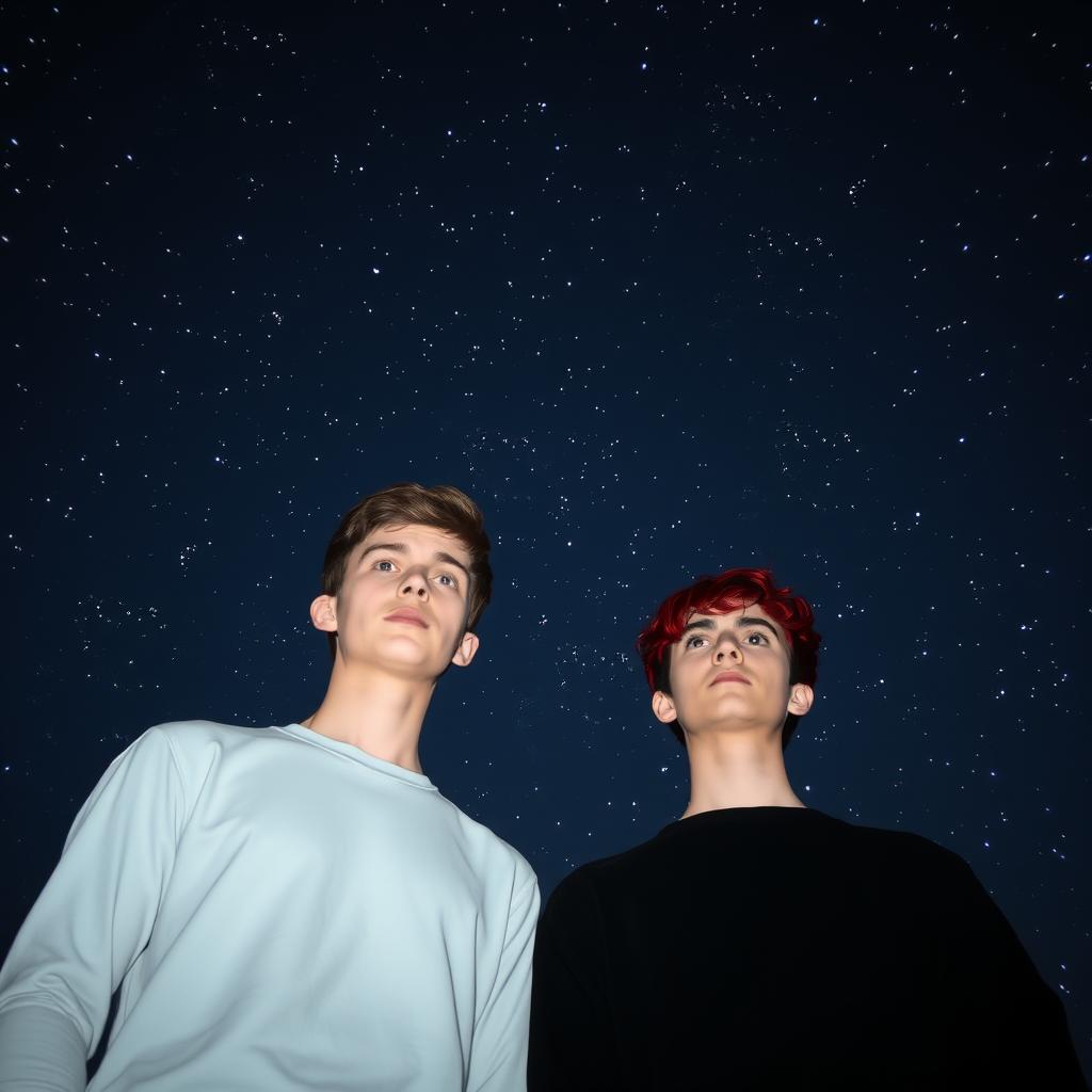 Two men standing under a night sky filled with small, sparkling stars, resembling tiny glimmers of light