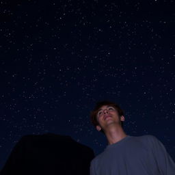 Two men standing under a night sky filled with small, sparkling stars, resembling tiny glimmers of light