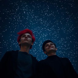 Two men standing under a night sky filled with small, sparkling stars, resembling tiny glimmers of light