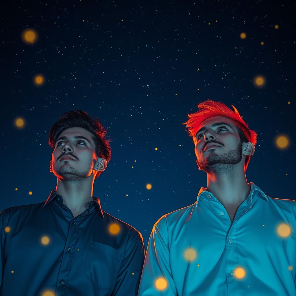 Two men standing under a night sky, one of them with vibrant red hair glowing under the starry night