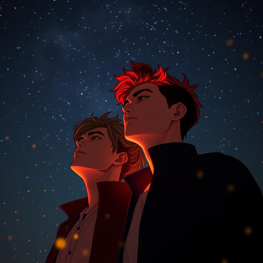 Two men standing under a night sky, one of them with vibrant red hair glowing under the starry night