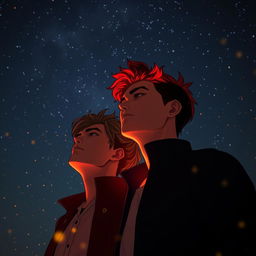 Two men standing under a night sky, one of them with vibrant red hair glowing under the starry night