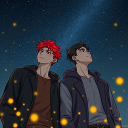 Two men standing under a night sky, one of them with vibrant red hair glowing under the starry night