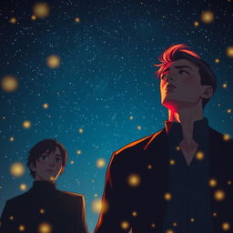 Two men standing under a night sky, one of them with vibrant red hair glowing under the starry night