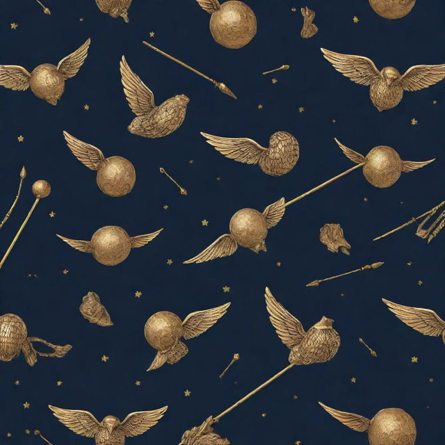 A magical pattern depicting recognizable elements from the Harry Potter series, including the golden snitch, Hogwarts Castle, and the characters' wands