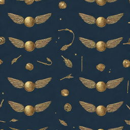 A magical pattern depicting recognizable elements from the Harry Potter series, including the golden snitch, Hogwarts Castle, and the characters' wands