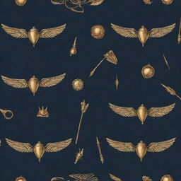 A magical pattern depicting recognizable elements from the Harry Potter series, including the golden snitch, Hogwarts Castle, and the characters' wands