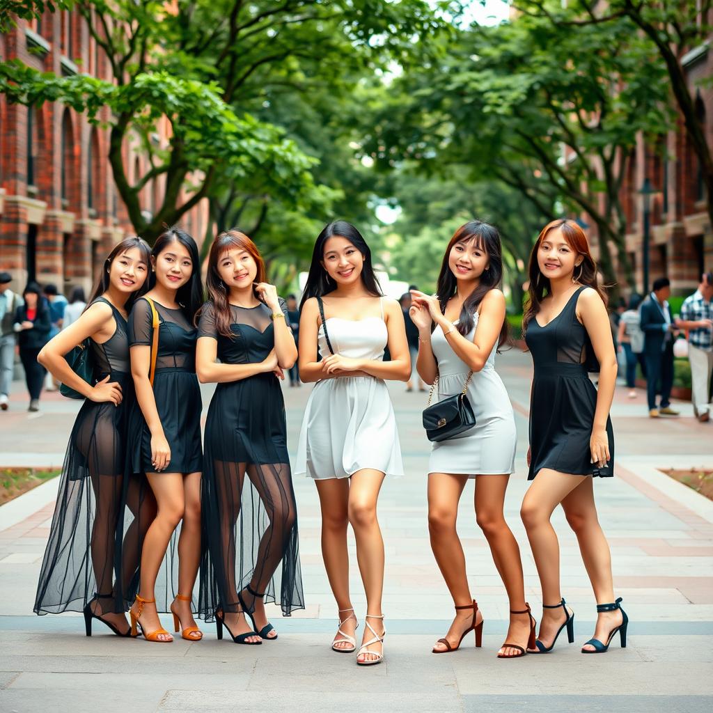 A group of stylish Asian college girls confidently pose in full-body shots, each wearing a chic see-through dress that highlights modern fashion trends