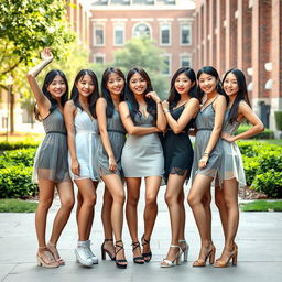 A group of stylish Asian college girls confidently pose in full-body shots, each wearing a chic see-through dress that highlights modern fashion trends