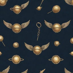 A magical pattern depicting recognizable elements from the Harry Potter series, including the golden snitch, Hogwarts Castle, and the characters' wands