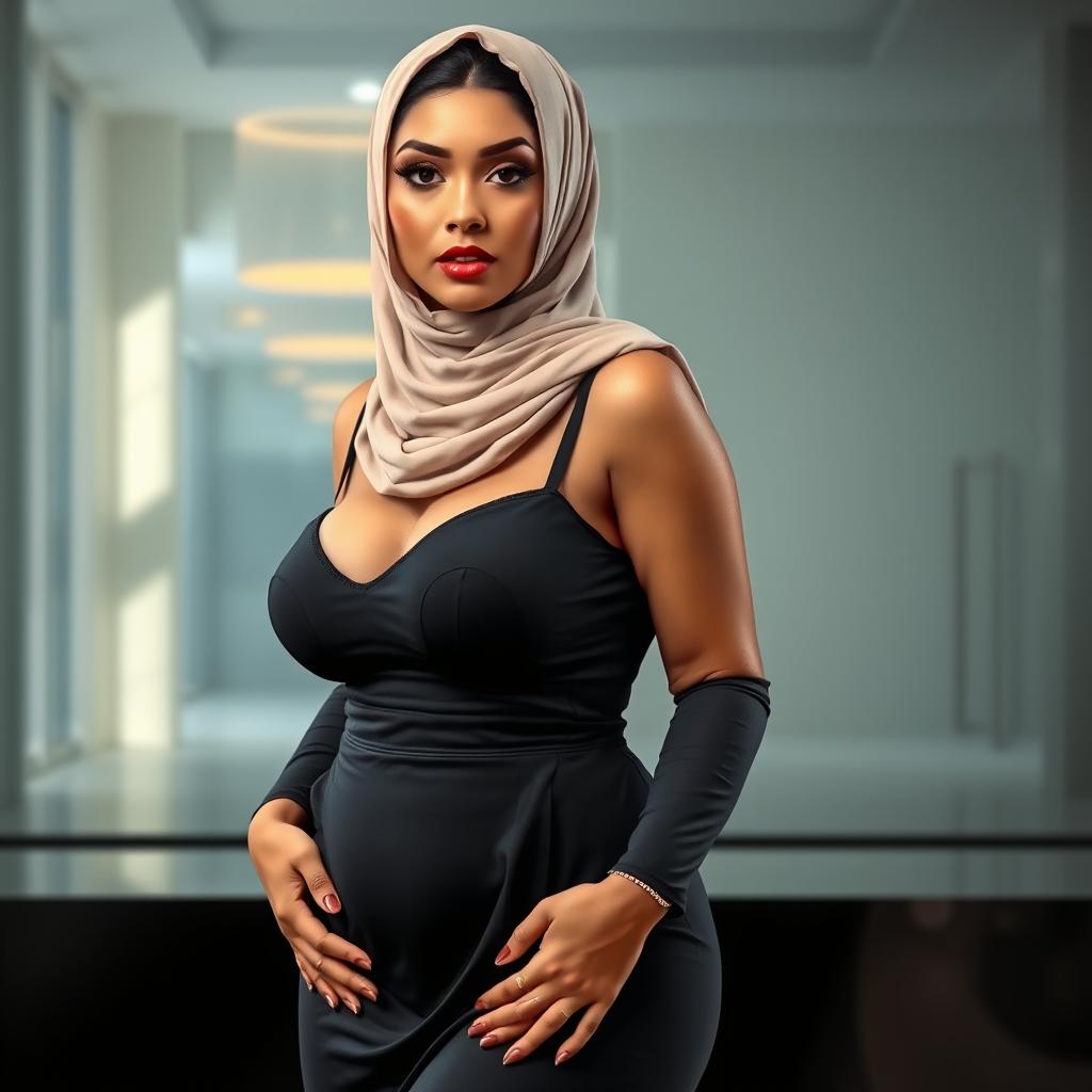 A hot woman, around 40 years old, with a voluptuous figure, confidently wearing a stylish hijab