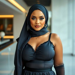 A hot woman, around 40 years old, with a voluptuous figure, confidently wearing a stylish hijab