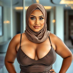 A hot woman, around 40 years old, with a voluptuous figure, confidently wearing a stylish hijab