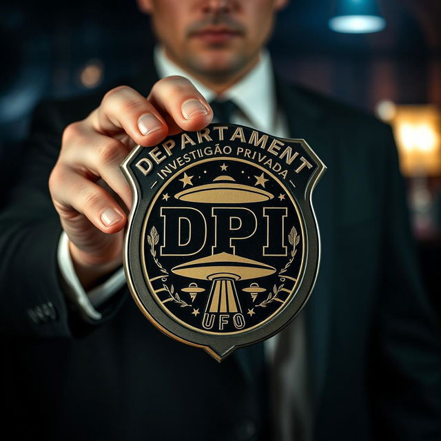 A police investigation style badge with the inscription 'DPI' (DEPARTAMENTO INVESTIGAÇÃO PRIVADA) prominently featured, along with the initials 'UFO' underneath it