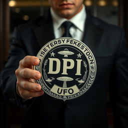 A police investigation style badge with the inscription 'DPI' (DEPARTAMENTO INVESTIGAÇÃO PRIVADA) prominently featured, along with the initials 'UFO' underneath it