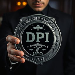 A police investigation style badge with the inscription 'DPI' (DEPARTAMENTO INVESTIGAÇÃO PRIVADA) prominently featured, along with the initials 'UFO' underneath it