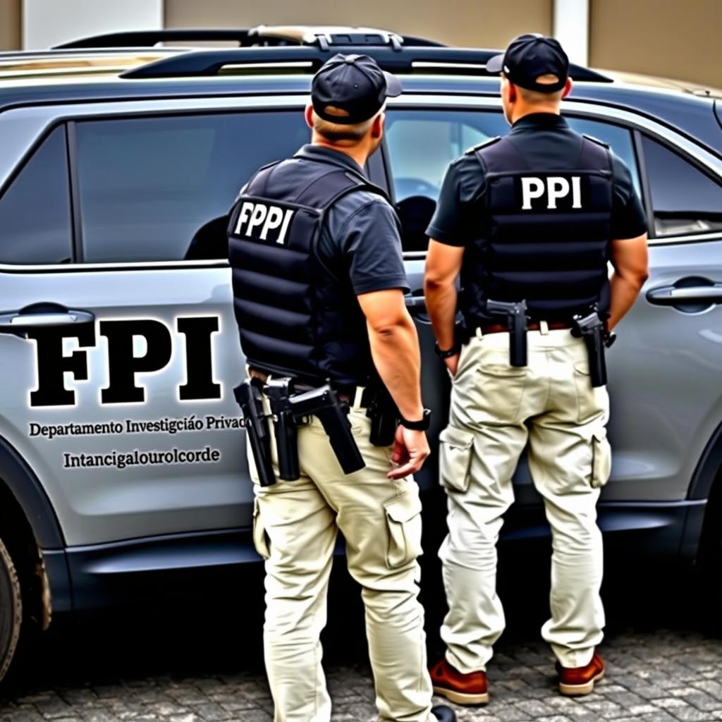 FBI-style car with the logo DPI on the door, along with the smaller text 'Departamento Investigação Privada'