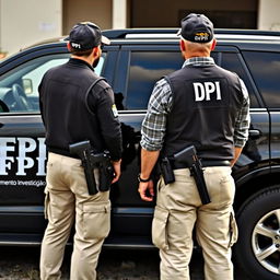 FBI-style car with the logo DPI on the door, along with the smaller text 'Departamento Investigação Privada'