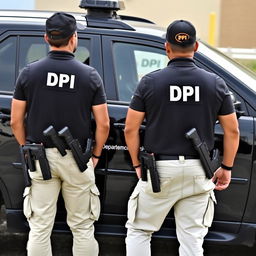 FBI-style car with the logo DPI on the door, along with the smaller text 'Departamento Investigação Privada'