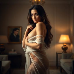 A beautifully composed image of a woman with an hourglass figure, elegantly posed in a serene, indoor setting