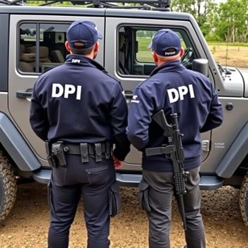 Jeep-style vehicle featuring the logo DPI on the door, with the smaller text 'Departamento Investigação Privada'