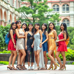 A vibrant group of Asian college girls, each exuding confidence and style, wearing fashionable see-through dresses that highlight their bold fashion choices