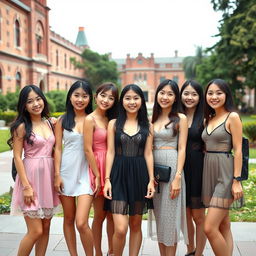 A vibrant group of Asian college girls, each exuding confidence and style, wearing fashionable see-through dresses that highlight their bold fashion choices