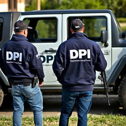 Jeep-style vehicle featuring the logo DPI on the door, with the smaller text 'Departamento Investigação Privada'