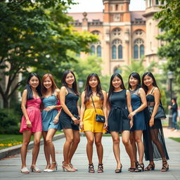 A vibrant group of Asian college girls, each exuding confidence and style, wearing fashionable see-through dresses that highlight their bold fashion choices