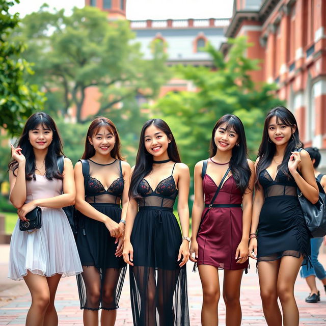 A vibrant group of Asian college girls, each exuding confidence and style, wearing fashionable see-through dresses that highlight their bold fashion choices