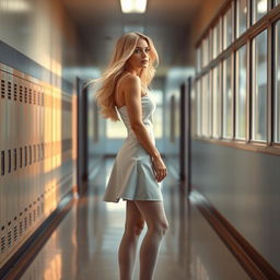 A beautiful blonde woman with flowing hair, wearing elegant white stockings and a chic white skirt, is standing gracefully in a school hallway