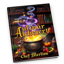 A captivating book cover for 'Culinary Alchemy' by Chef Merlin, featuring a mystical and enchanting scene