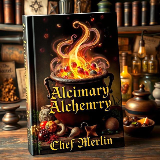 A captivating book cover for 'Culinary Alchemy' by Chef Merlin, featuring a mystical and enchanting scene