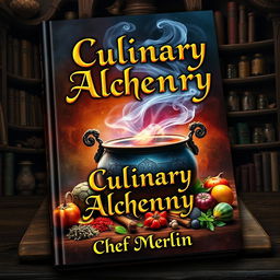 A captivating book cover for 'Culinary Alchemy' by Chef Merlin, featuring a mystical and enchanting scene